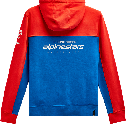 Alpinestars H Block hoodie in warm red and bright blue, 2XL, featuring a front graphic and cozy fleece lining.