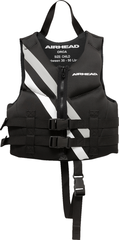 Child Orca vest by Bill's Exhausts in black and white, designed for water safety and buoyancy during water activities.