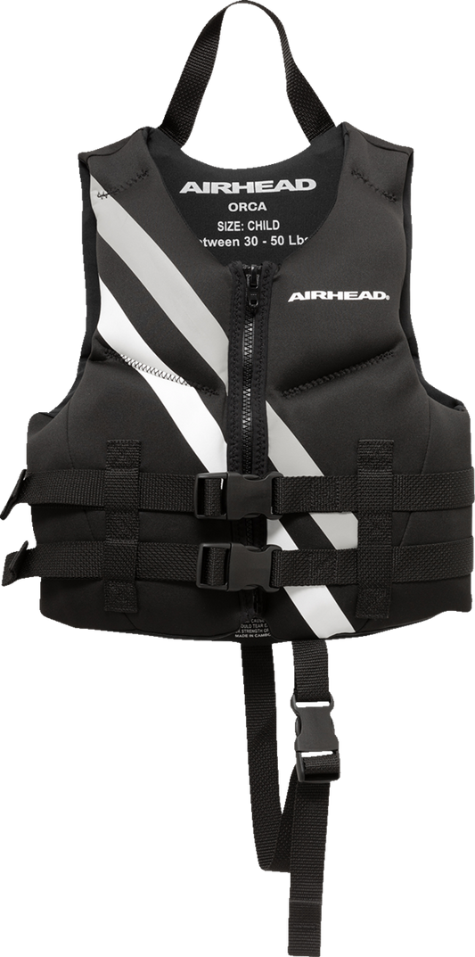 Child Orca vest by Bill's Exhausts in black and white, designed for water safety and buoyancy during water activities.