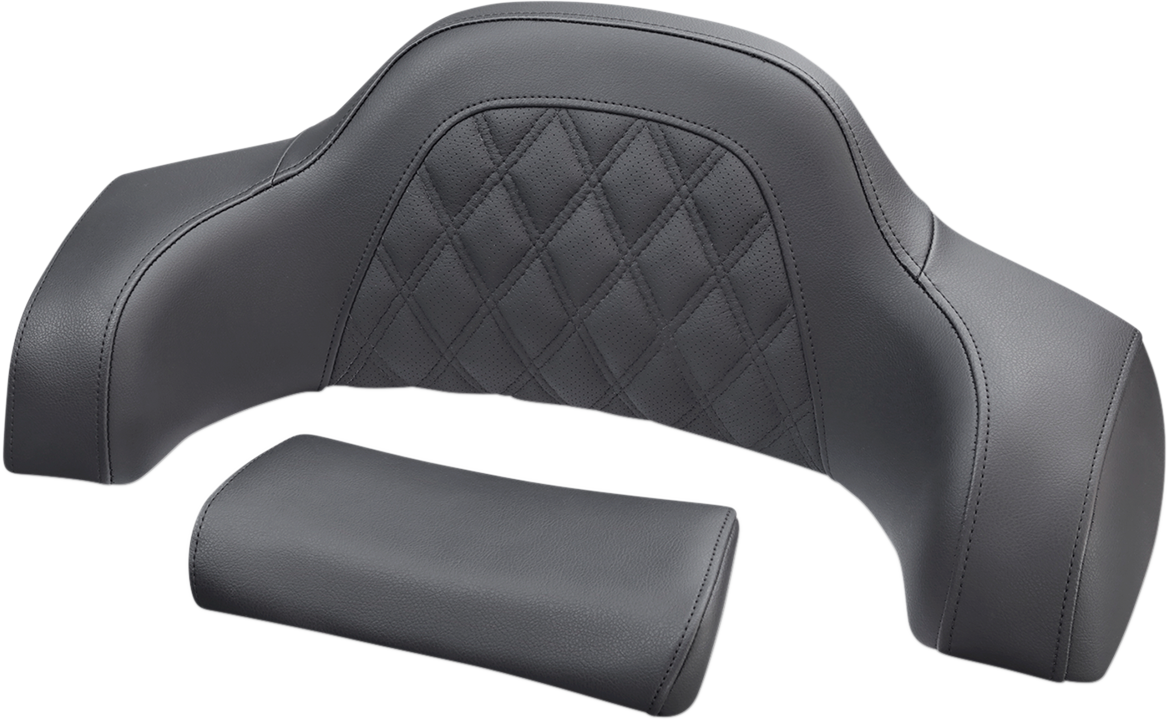 Indian SADDLEMEN Lattice Stitched Tour-Pak Pad on motorcycle seat, featuring detailed stitching and comfortable padding.