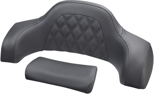 Indian SADDLEMEN Lattice Stitched Tour-Pak Pad on motorcycle seat, featuring detailed stitching and comfortable padding.