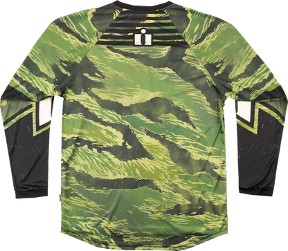 Bill's Exhausts ICON Tiger’s Blood Jersey in green camo, 2XL, featuring bold tiger and camo design on lightweight fabric.
