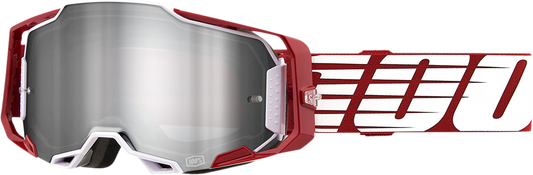Bill's Exhausts 100% Armega goggles with oversized deep red and flash silver lenses, showcasing a fashionable and protective eyewear design.