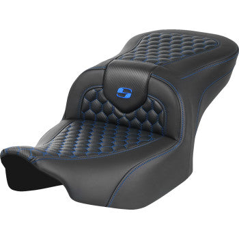 SADDLEMEN Roadsofa seat for FLTR/FLHX bikes, honeycomb design, blue stitching, without backrest, by Bill's Exhausts