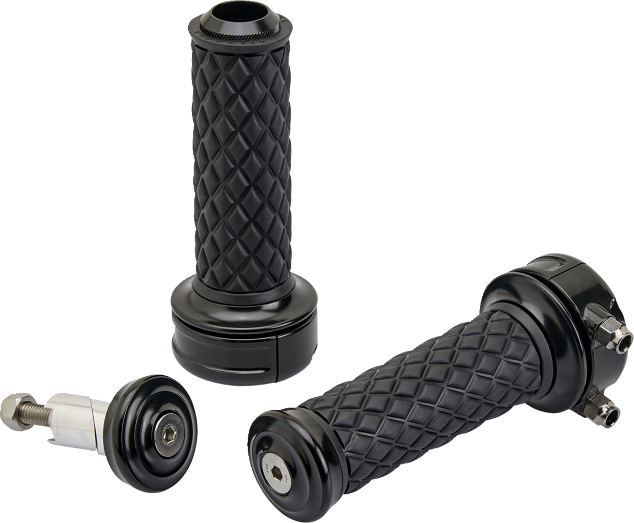 Black Alumicore motorcycle grips by Bill's Exhausts with a custom design, featuring a sleek, textured surface for better grip.