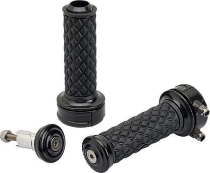 Black Alumicore motorcycle grips by Bill's Exhausts with a custom design, featuring a sleek, textured surface for better grip.