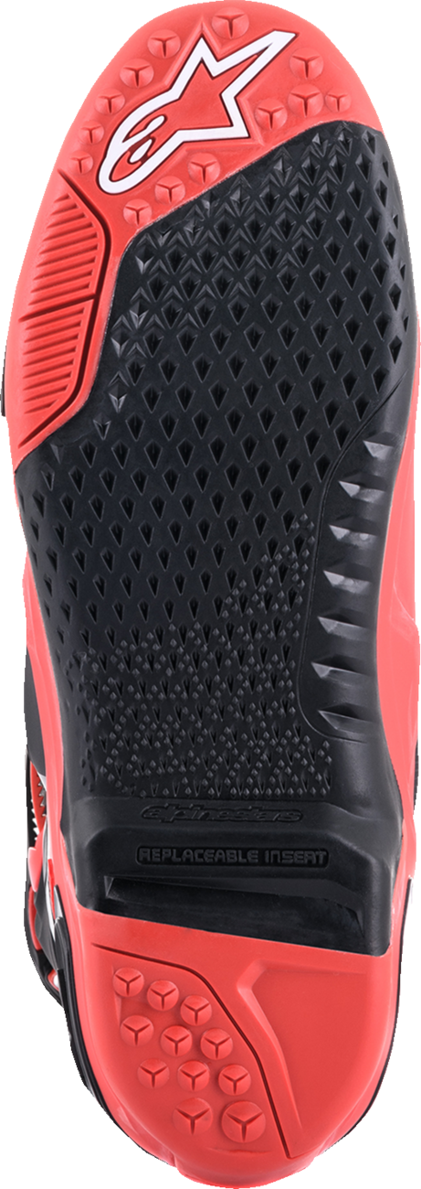 Alpinestars Tech 10 Acumen motorcycle boots in black and red with US size 12, featuring protective design and durable construction.