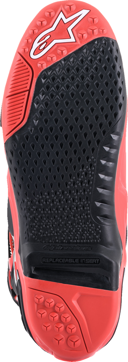 Alpinestars Tech 10 Acumen motorcycle boots in black and red, US size 10, showing the durable design and protective features.