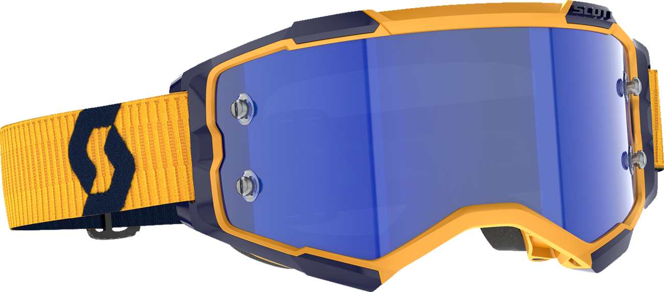 Scott Fury Goggle in dark yellow and blue with blue chrome lens, featuring a sporty design for motocross and trail riding.