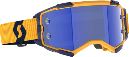 Scott Fury Goggle in dark yellow and blue with blue chrome lens, featuring a sporty design for motocross and trail riding.