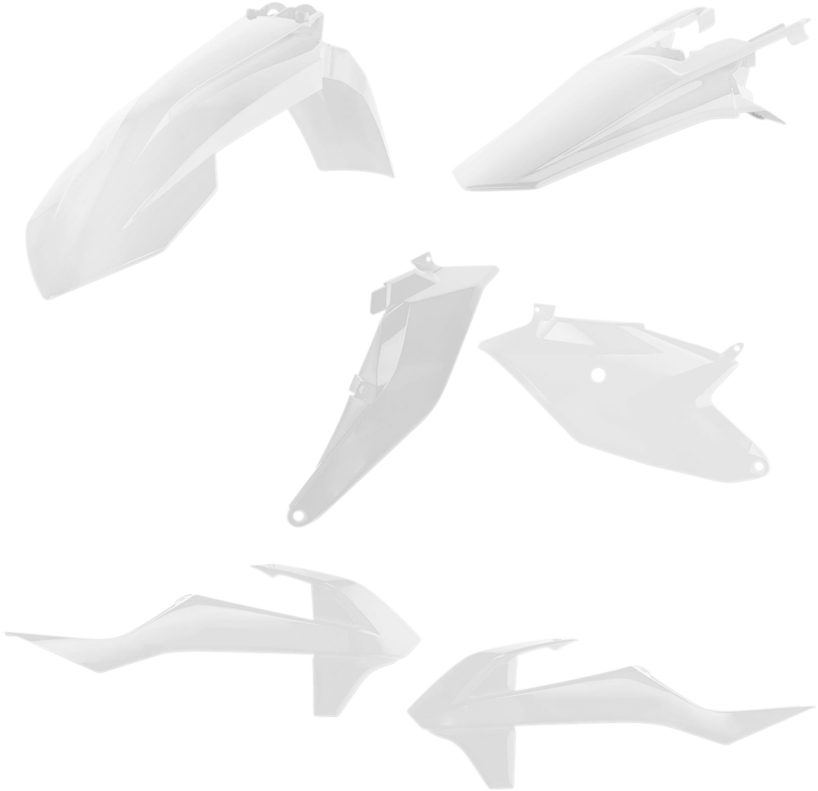 A white Acerbis standard replacement motorcycle body kit with panels and parts, designed for durable fit and finish.