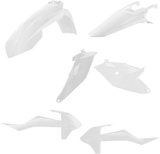 A white Acerbis standard replacement motorcycle body kit with panels and parts, designed for durable fit and finish.
