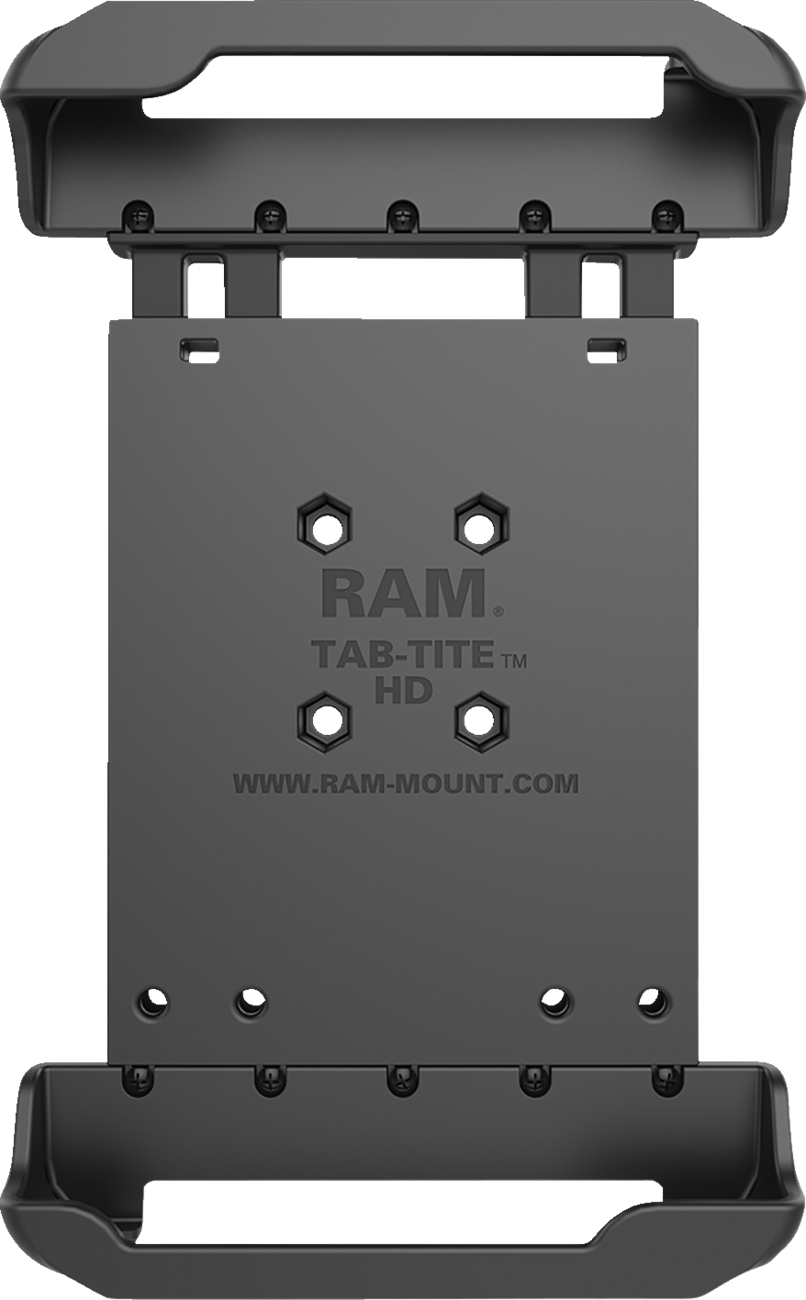 Spring-loaded RAM Mounts Tab-Tite holder for tablets, mounted on an engine, with secure grip and durable construction.