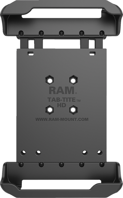 Spring-loaded RAM Mounts Tab-Tite holder for tablets, mounted on an engine, with secure grip and durable construction.