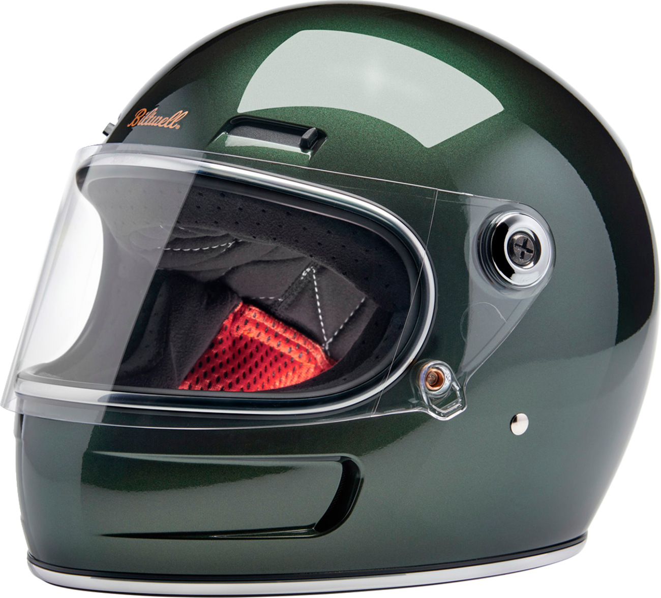 BILTWELL Gringo SV helmet in metallic Sierra Green, XL size, showcasing the sleek motorcycle helmet design with matte finish.