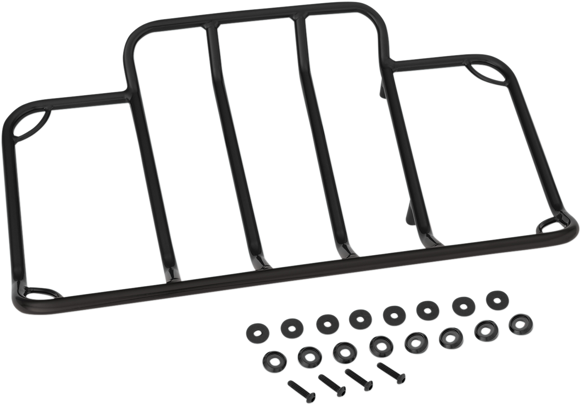 SHOW CHROME Trunk luggage rack in black for engine, designed by Bill's Exhausts, with a sturdy metal frame and mounting hardware.