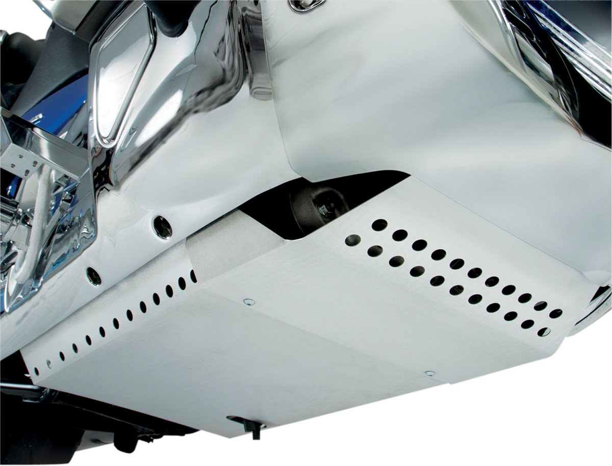 Bill's Exhausts SHOW CHROME aluminum belly pan for engine, showcasing a sleek, polished metal surface with mounting brackets.