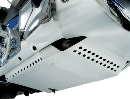 Bill's Exhausts SHOW CHROME aluminum belly pan for engine, showcasing a sleek, polished metal surface with mounting brackets.