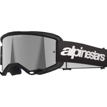 Alpinestars Vision 3 Goggle in black with silver mirror lens, featuring a wordmark design, for motorcycle or racing use
