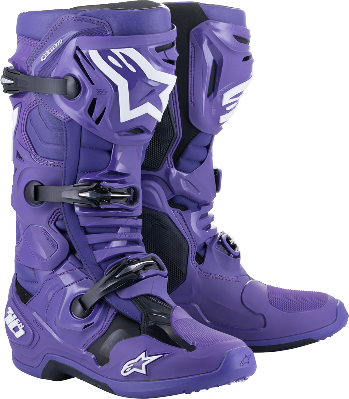 Alpinestars Tech 10 motorcycle boots in purple and black, US size 9, with protective features and durable construction.