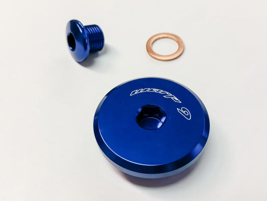 Blue Suzuki DR650 engine plug by Warp9Racing, designed for optimal performance and fit on Suzuki motorcycle engines.