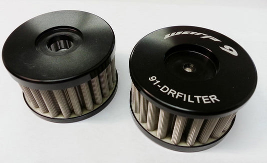 Suzuki DR650 oil filter by Warp9Racing shown from front and back angles, designed for effective engine oil filtration.
