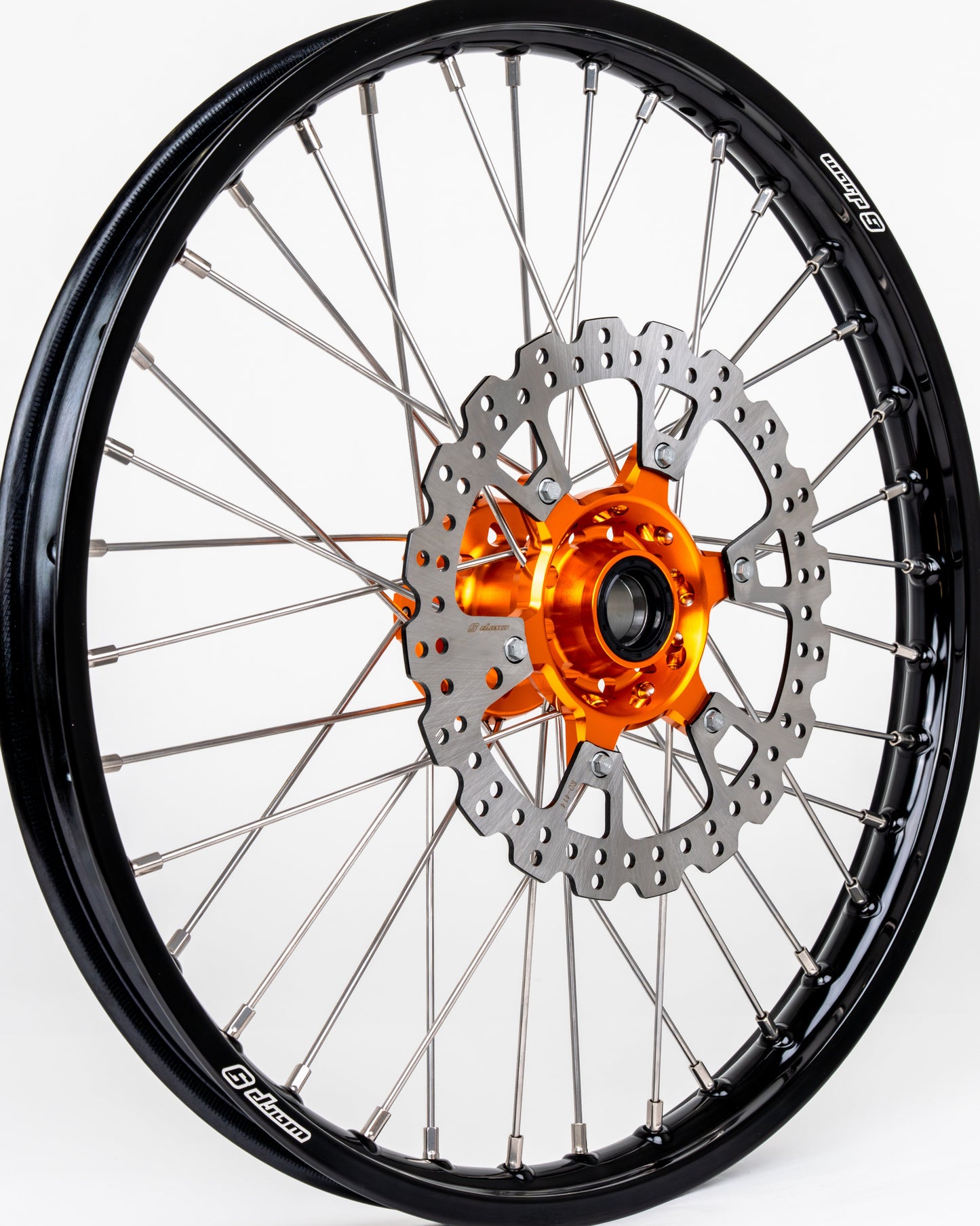 Warp9Racing KTM, Husqvarna, Gas Gas 21-inch front wheel with spokes and rim, ready for installation.