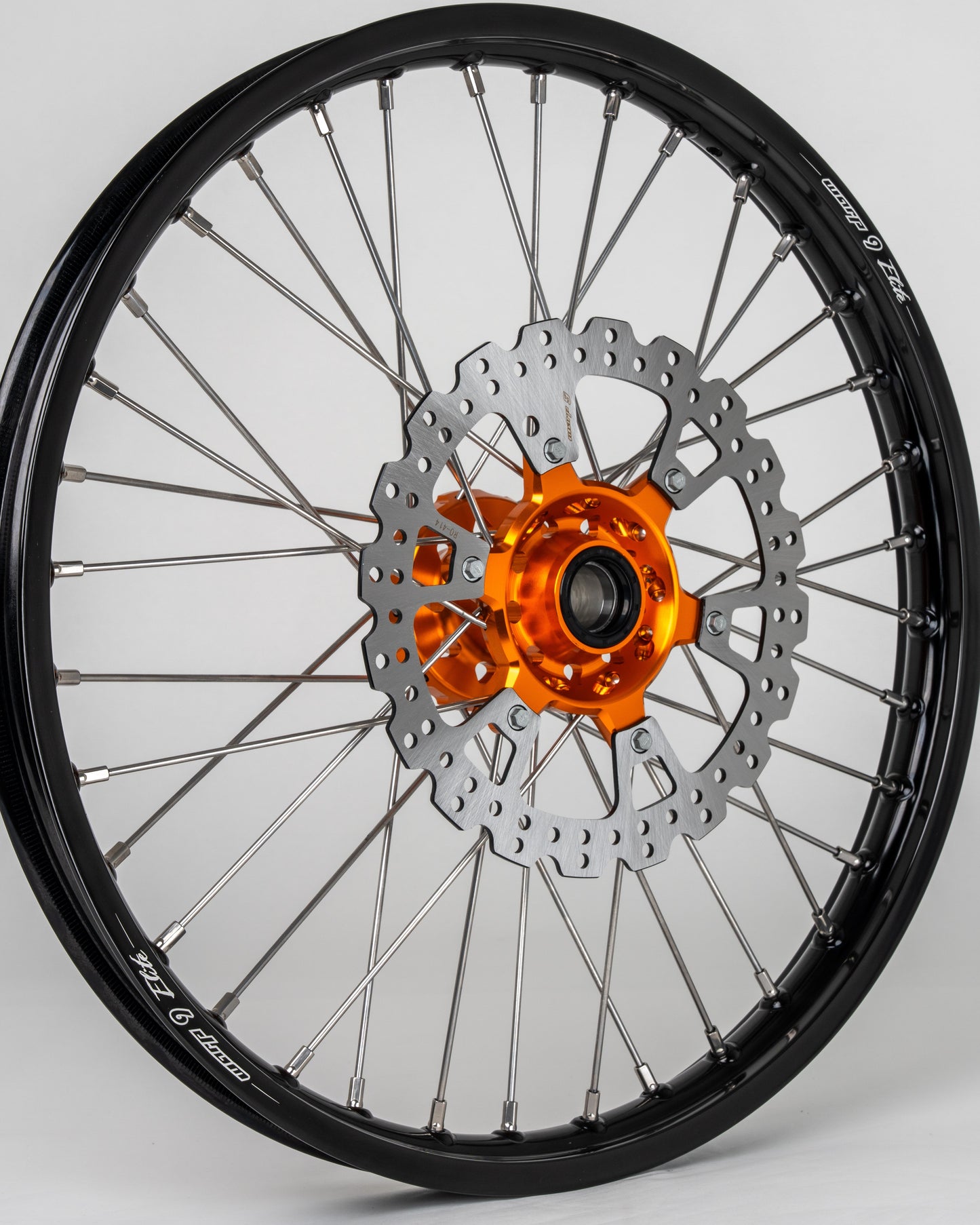 Warp9Racing KTM, Husqvarna, Gas Gas 21-inch front wheel with spokes and rim, ready for installation.