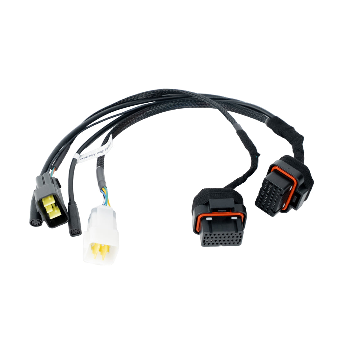 Charged Powersports EBMX X-9000-V3 wiring harness for SurRon Light Bee X controller upgrade, shown with connectors and wiring.