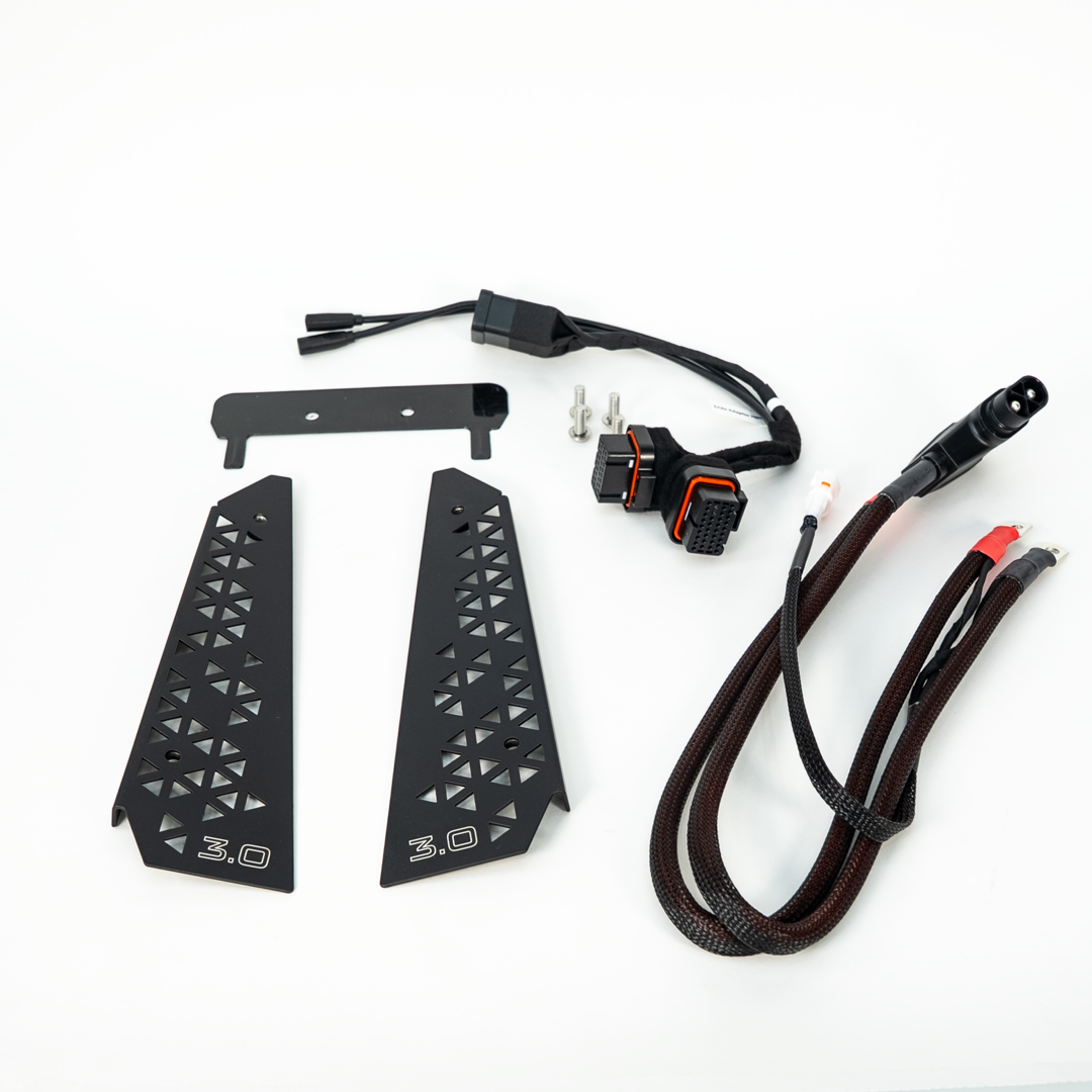 Charged Powersports EBMX X-9000-V3 E-Ride Pro 3.0 controller harness and mounting kit on a white background.