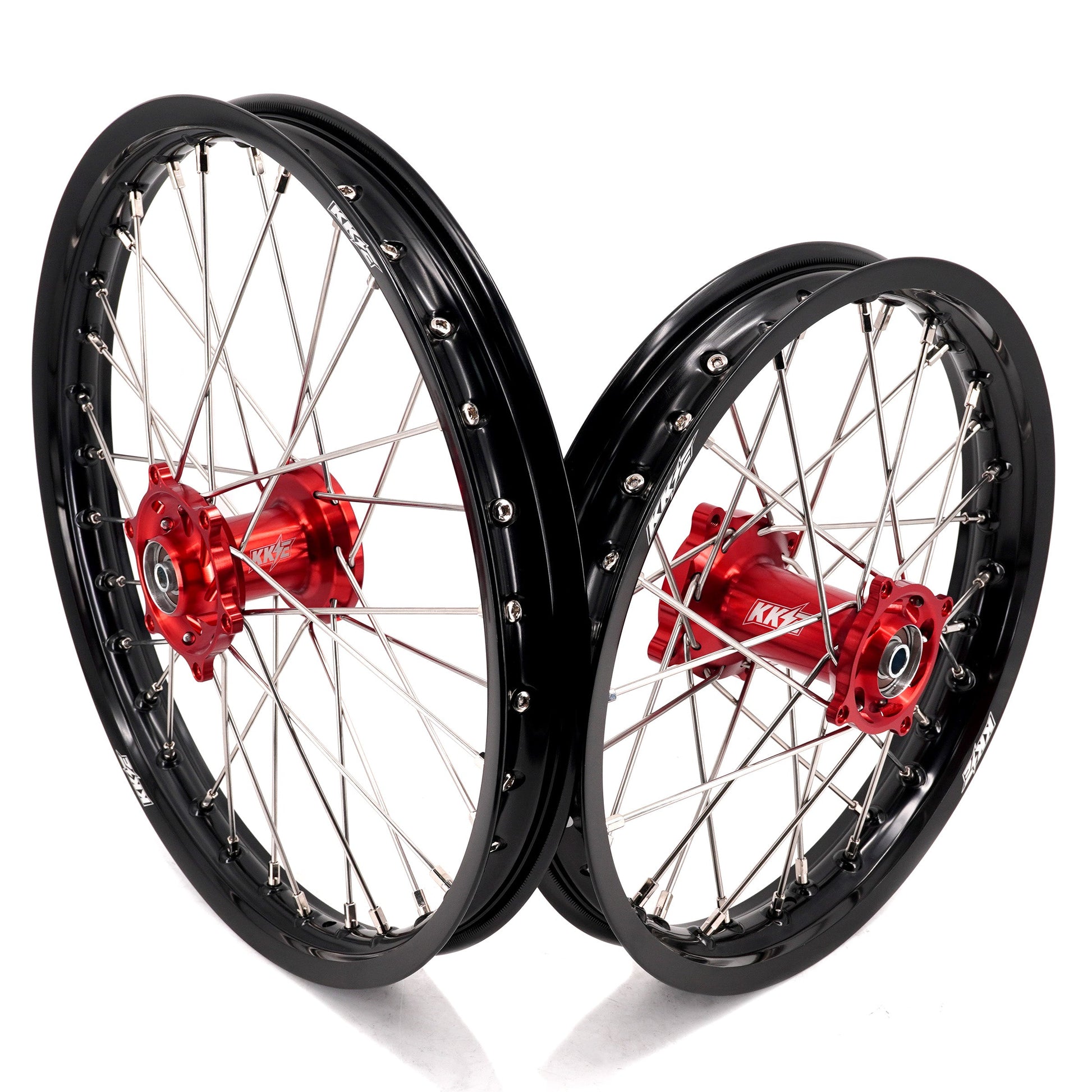 KKE 19 & 16 Spoked Kid's Wheels Rims Set for Kawasaki KX80 KX85 KX100 Red Hubs - Howling Moto