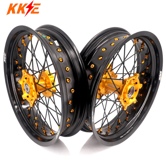 KKE 3.5/4.25 Supermoto Race Wheels For Suzuki RM125 1996-2007 RM250 1996-2008 Gold Nipples - Howling Moto