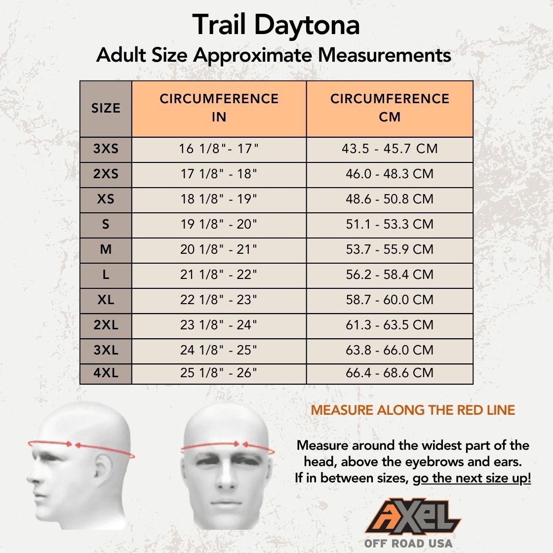 AXEL OFF ROAD Daytona off-road helmet size chart showing helmet measurements and fit guidelines for trail riding.