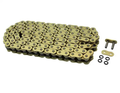 eDirtyBike 420 Final Drive X-Ring Chain for Surron LBX, Talaria Sting, and E Ride Pro electric bikes, shown on the chain.