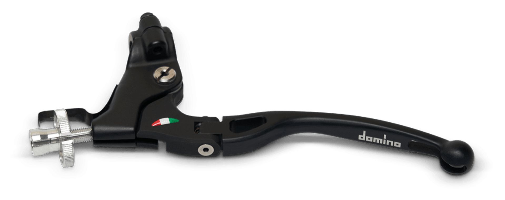 Domino MotoGP foldable clutch lever assembly made of forged aluminum, lightweight at 145g, designed for motorcycle clutch control.