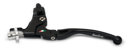 Domino MotoGP foldable clutch lever assembly made of forged aluminum, lightweight at 145g, designed for motorcycle clutch control.