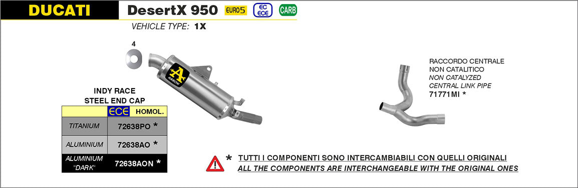 Aluminum Arrow Indy Race slip-on exhaust for Ducati DesertX 950, with sleek design and branding visible.