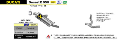 Aluminum Arrow Indy Race slip-on exhaust for Ducati DesertX 950, with sleek design and branding visible.