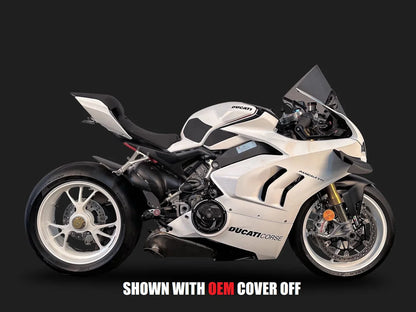 Ducati Panigale V4 titanium stealth slip-on exhaust by Bill's Exhausts with polished finish and mounting cover.