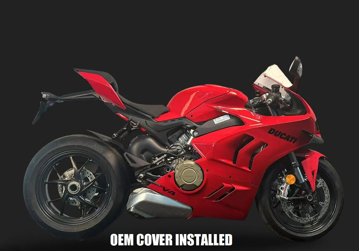 Ducati Panigale V4/V4S/V4R and Streetfighter V4 Bimodal titanium slip-on exhaust with OEM cover, part of Bill's Exhausts.
