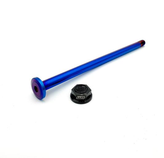 Titanium E-Ride swingarm bolt by Warp9Racing, 10mm size, showing a close-up of the durable, precision-machined motorcycle part.