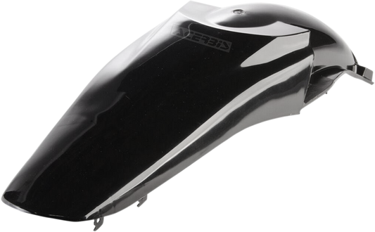A black Acerbis rear fender for motorcycles, designed as a durable body part with mounting points visible on the black plastic component.