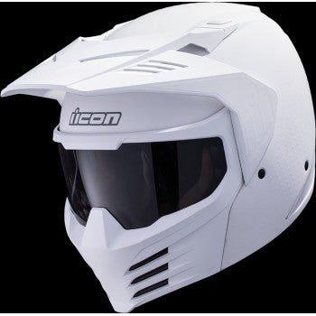White ICON Elsinore™ helmet in large size with Monotype design, shown with smooth, glossy surface and ventilation vents.