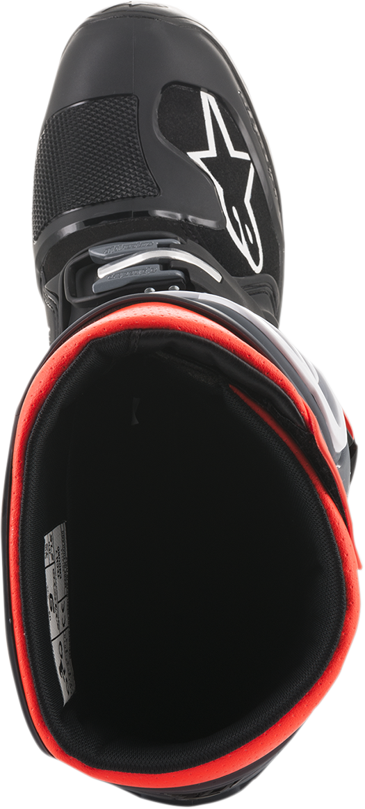 Alpinestars Tech 7 Enduro motorcycle boots in black and gray, US size 14, with rugged design and protective features.