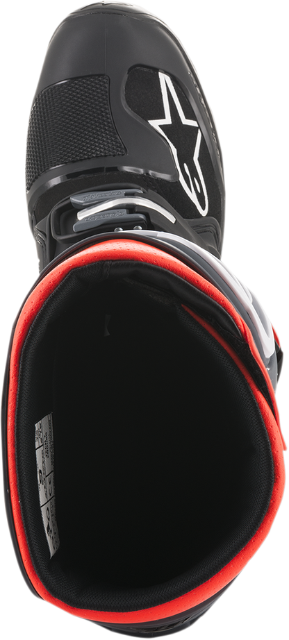 Alpinestars Tech 7 Enduro motorcycle boots in black and gray, US size 14, with rugged design and protective features.