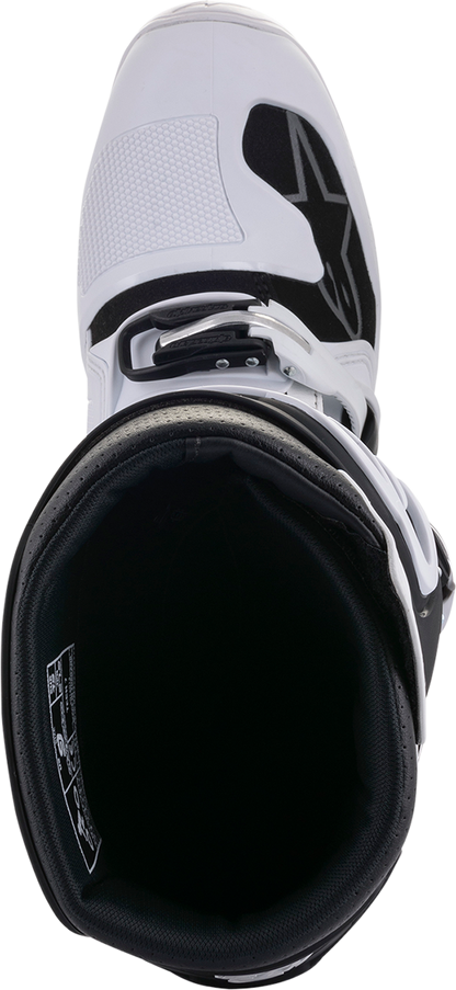 Alpinestars Tech 7 motorcycle boots in white and black, US size 10, featuring durable protective design and ankle support.