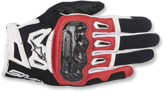 Alpinestars SMX-2 Air Carbon V2 motorcycle gloves in black, red, and white, medium size, with protective carbon knuckles.
