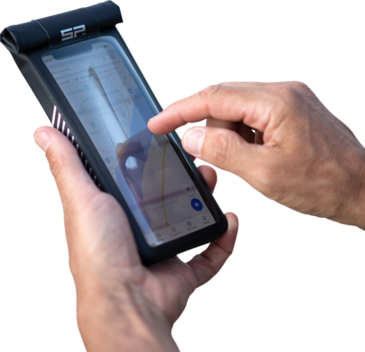 Universal SP CONNECT phone holder kit for medium cases, compatible with Bill's Exhausts phone accessories, shown on a phone.