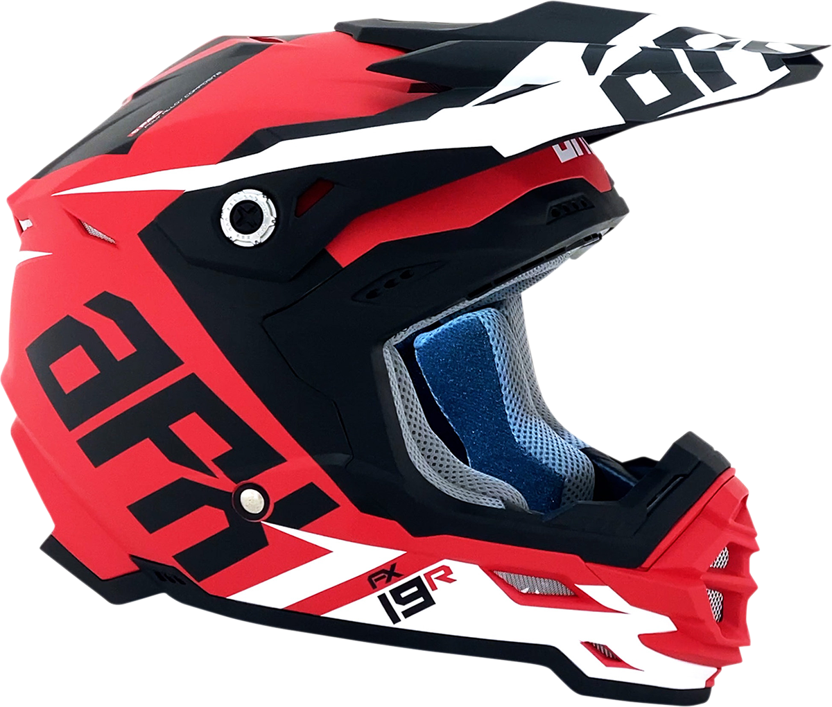 Matte red AFX FX-19R racing helmet with visor, medium size, featuring aerodynamic design and ventilation, by Bill's Exhausts.