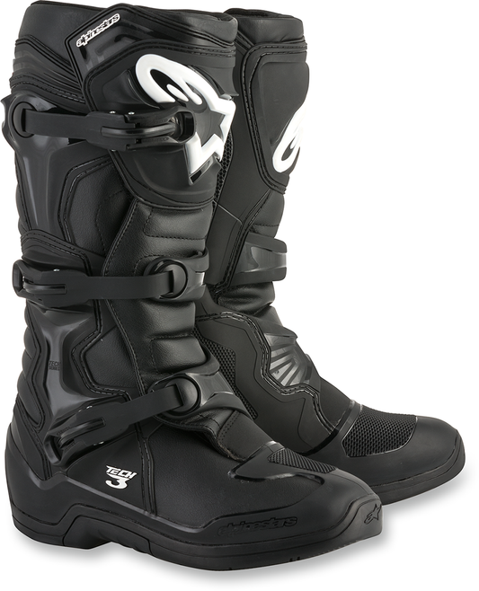 Black Alpinestars Tech 3 motorcycle boots with protective features, US size 10, designed for riding comfort and safety.